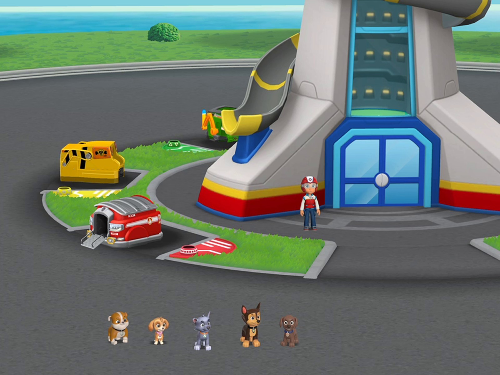 Ryder standing at the Lookout entrance with the pup lineup missing Marshall