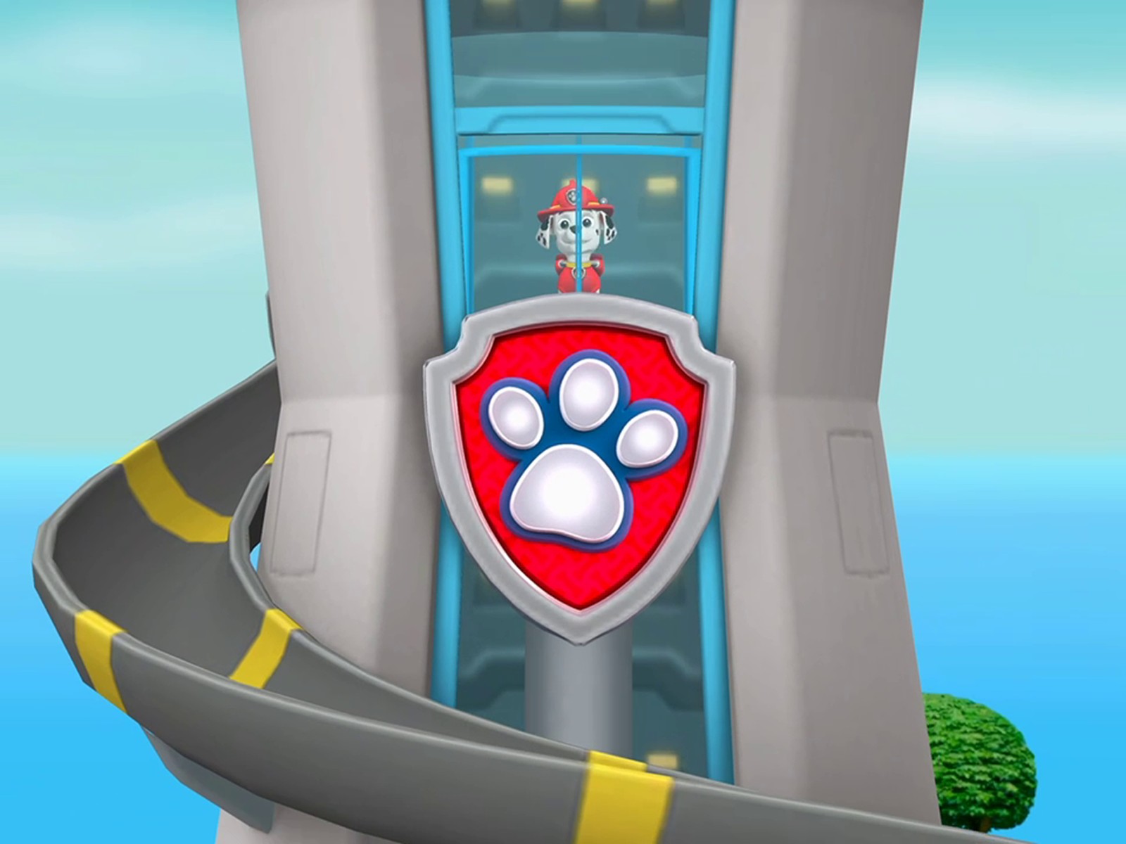 Pup riding the elevator past the PAW Patrol badge mid-transformation