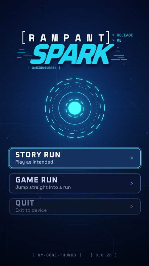 Rampant Spark main menu with Story Run, Game Run, and Quit options