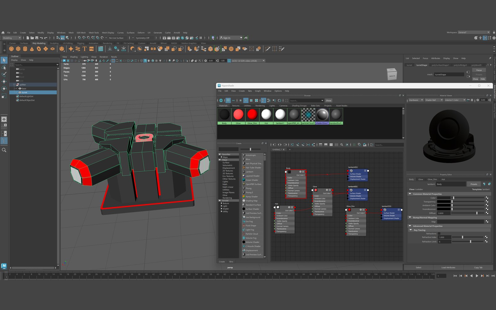 The Splitter enemy modeled in Maya, with the material network that names its Body, Glow, Glow_Dim and Hot parts