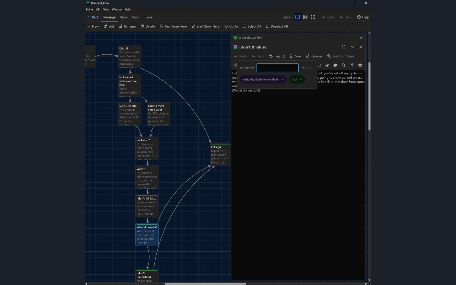 The opening story in Twine, with tags for music and a screen flash, and pause markers in the passage text