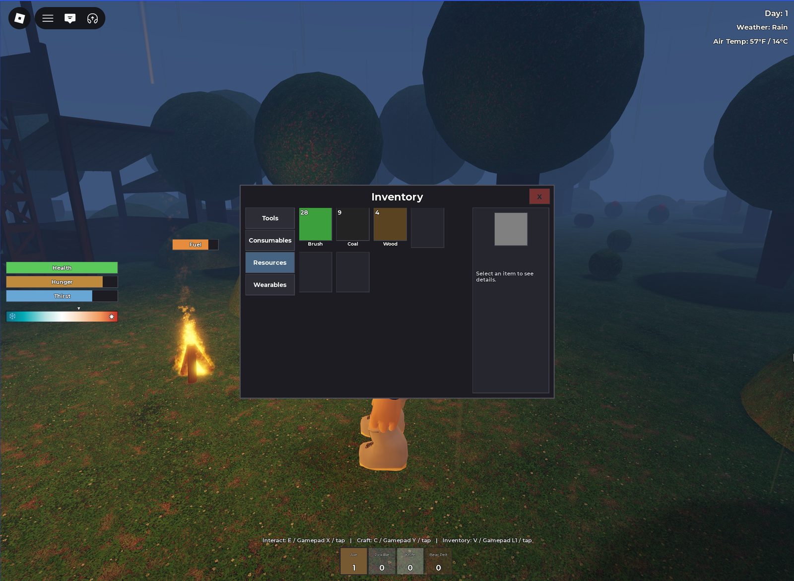 Inventory panel with Resources tab open