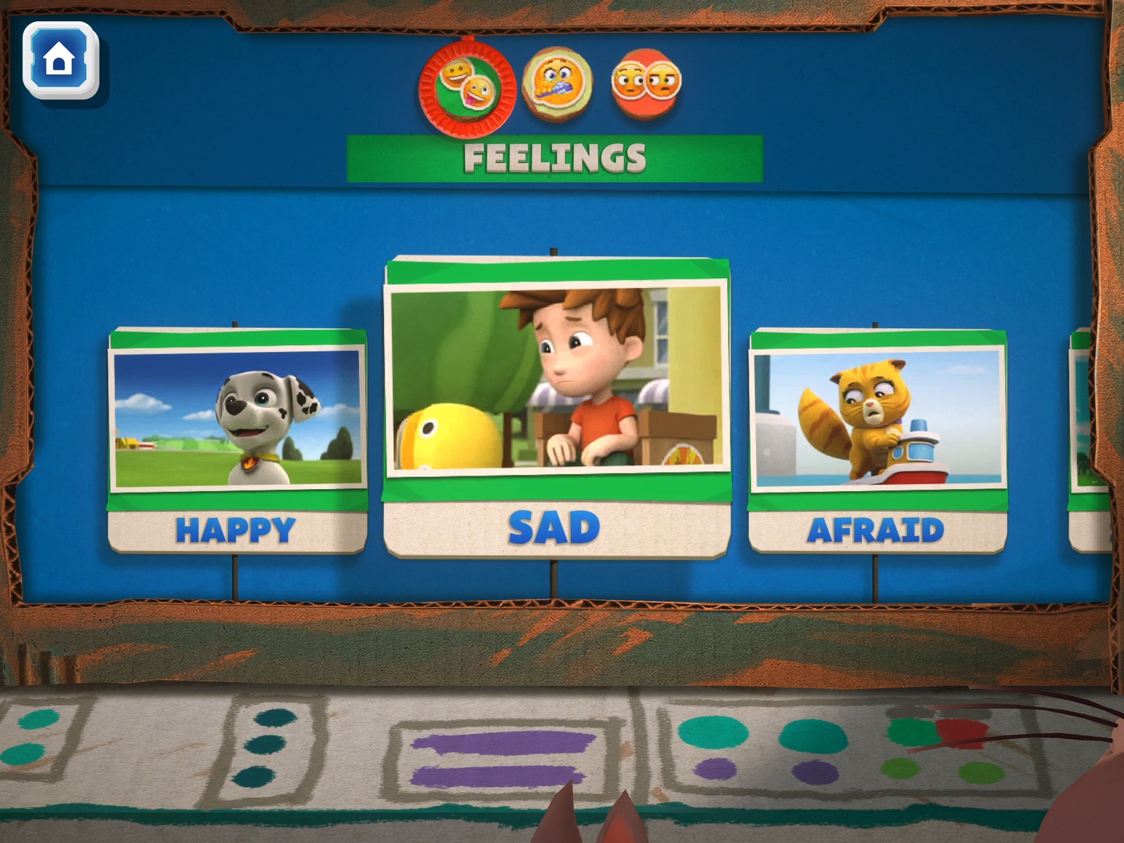 Thumbnail grid menu showing Happy, Sad, and Afraid lesson cards under the Feelings category