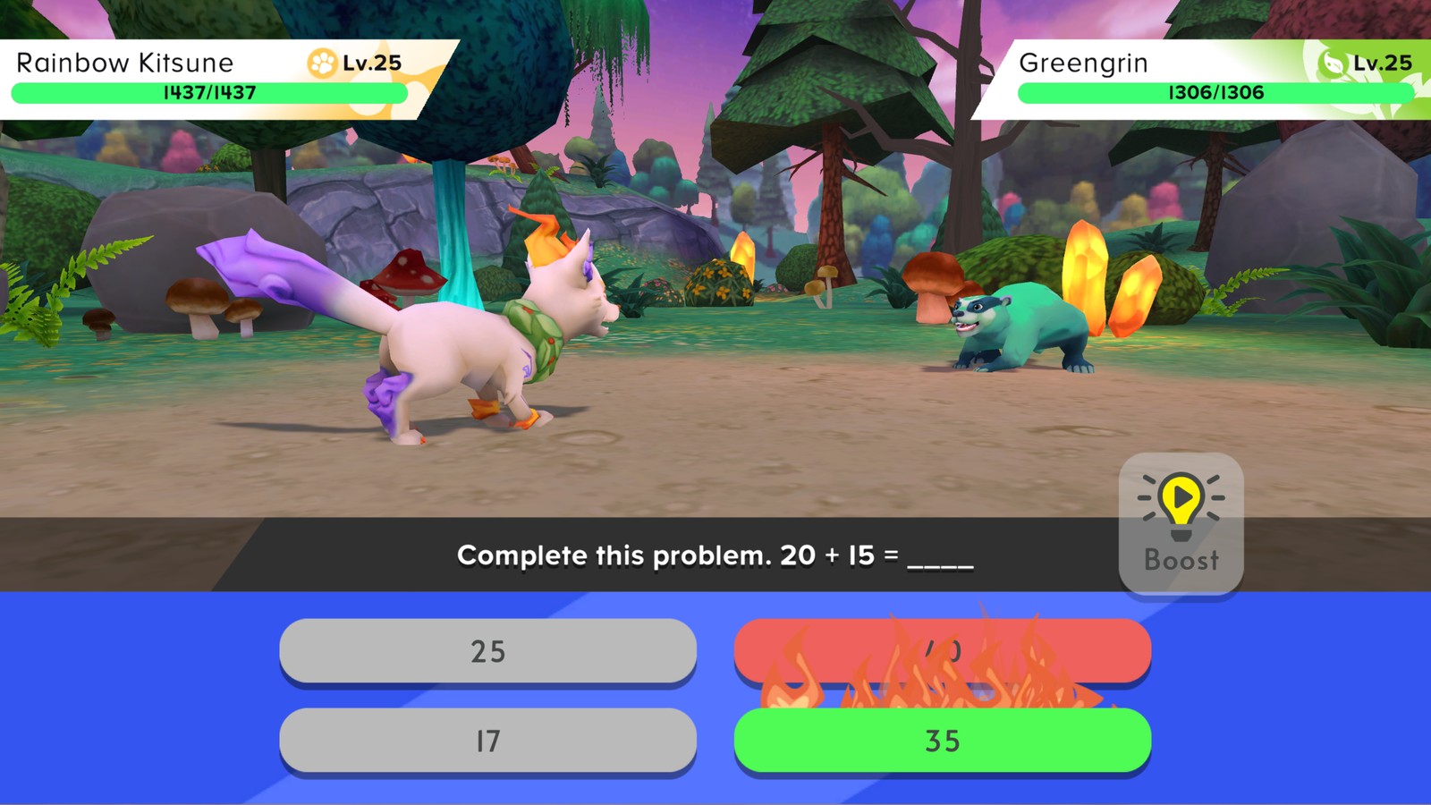 Correct answer highlighting the elemental type of attack used in battle