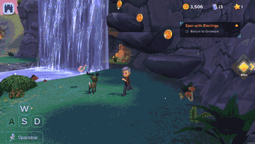 Player platforming and jumping across rocky ledges to collect a coin in the Astralands