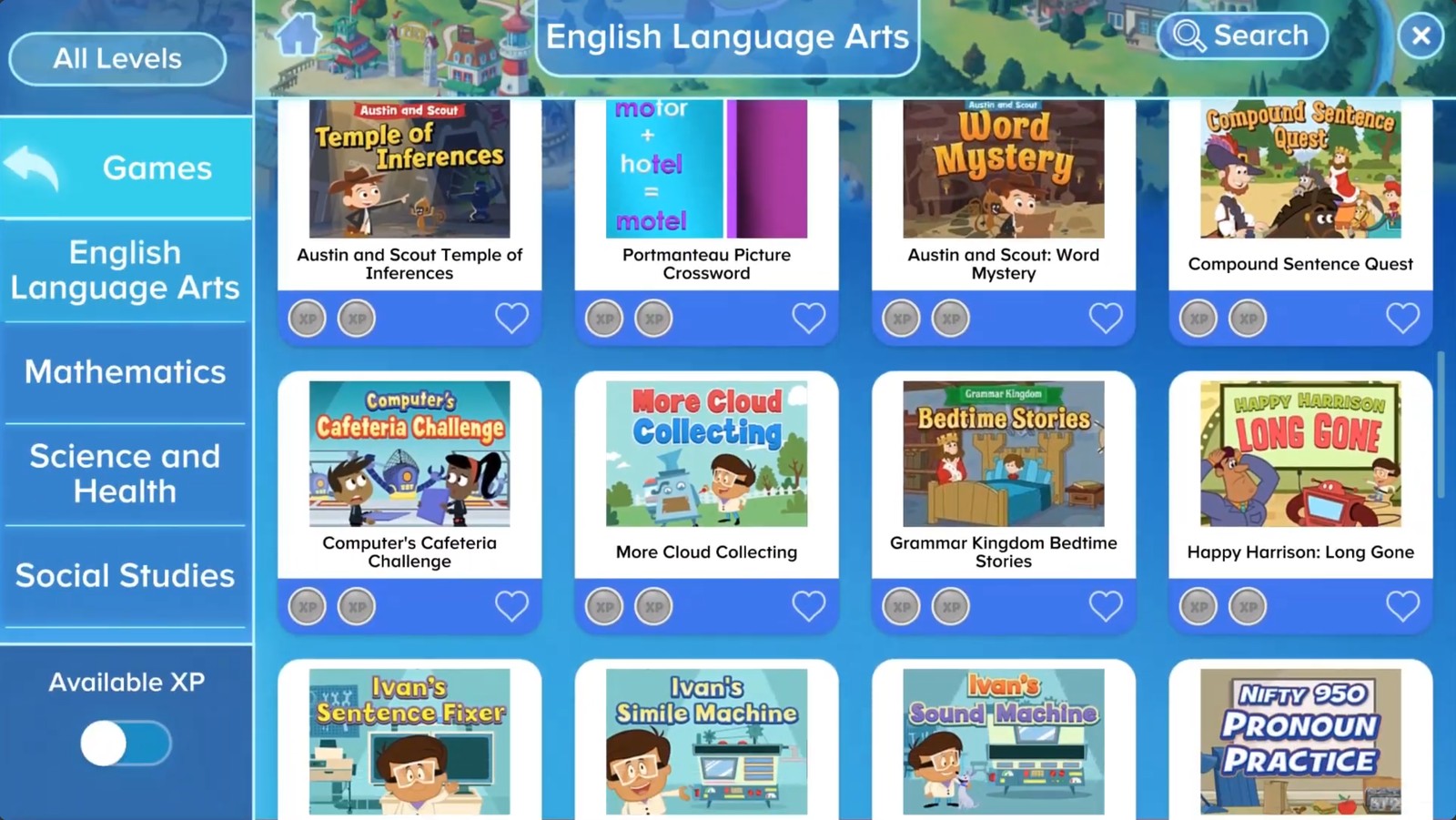 The older kiosk UI, a full-screen menu of educational games sorted by subject